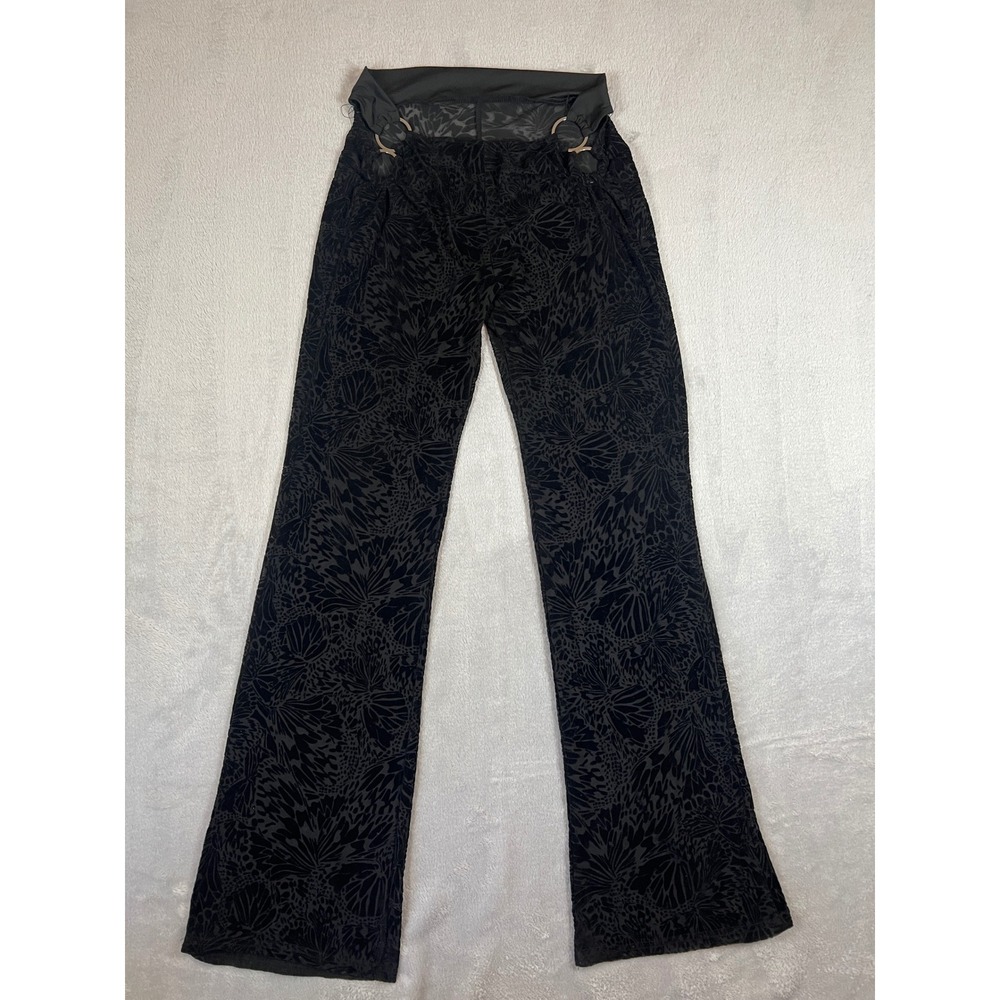Black Burnout Mesh Velvet Print Flare Pants with Ring Detail Medium